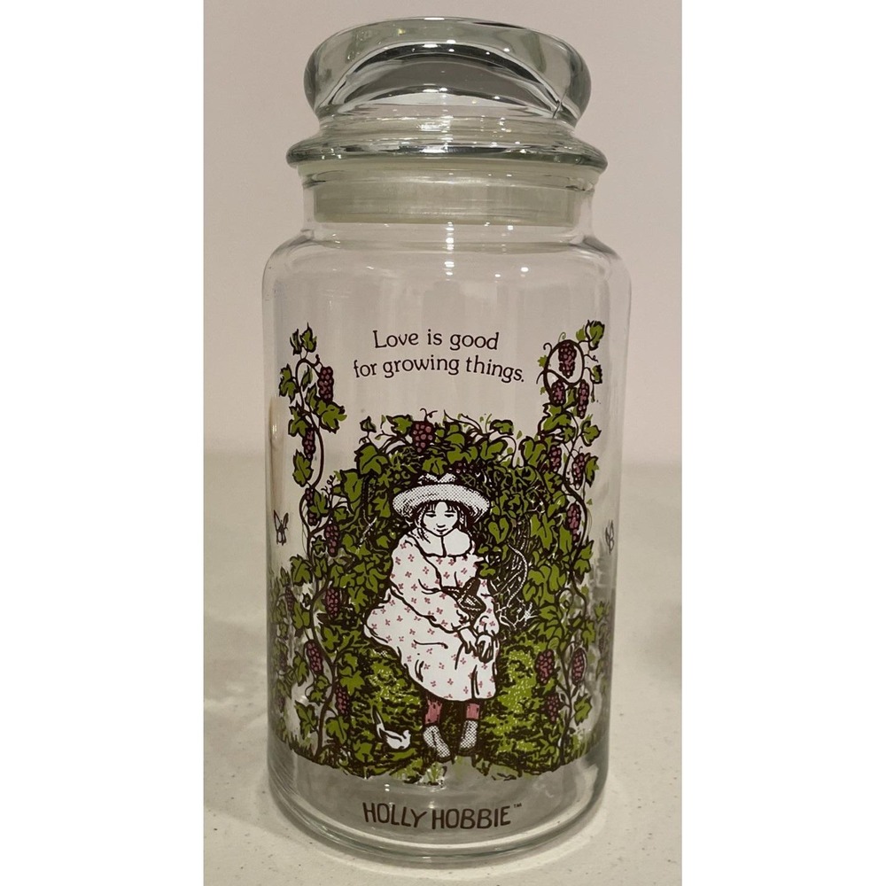 Vintage Holly Hobbie Glass Jar Canister w/Lid Love Is Good For Growing Things